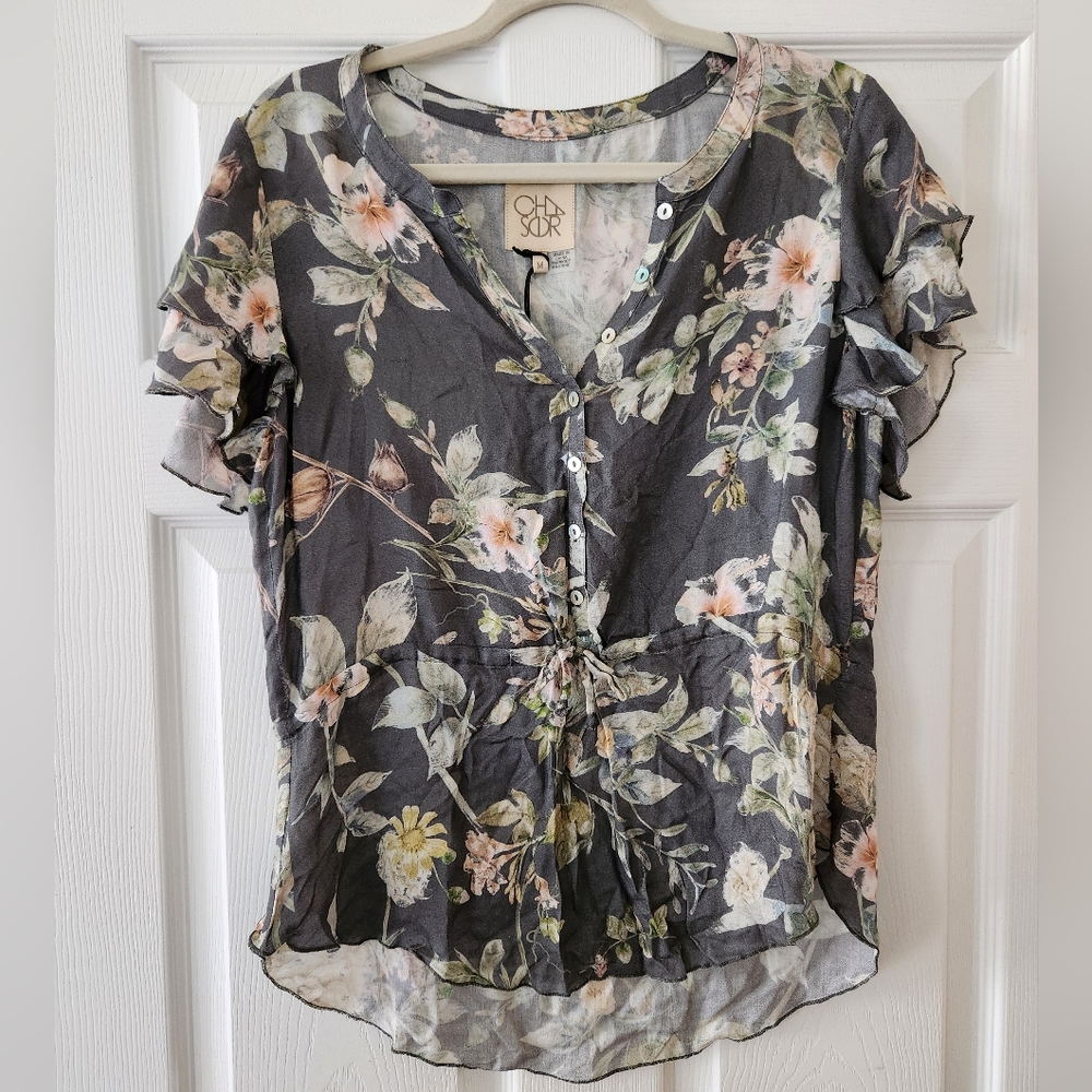 NWT Chaser Floral Layered Ruffle Sleeve Cinched Waste Blouse